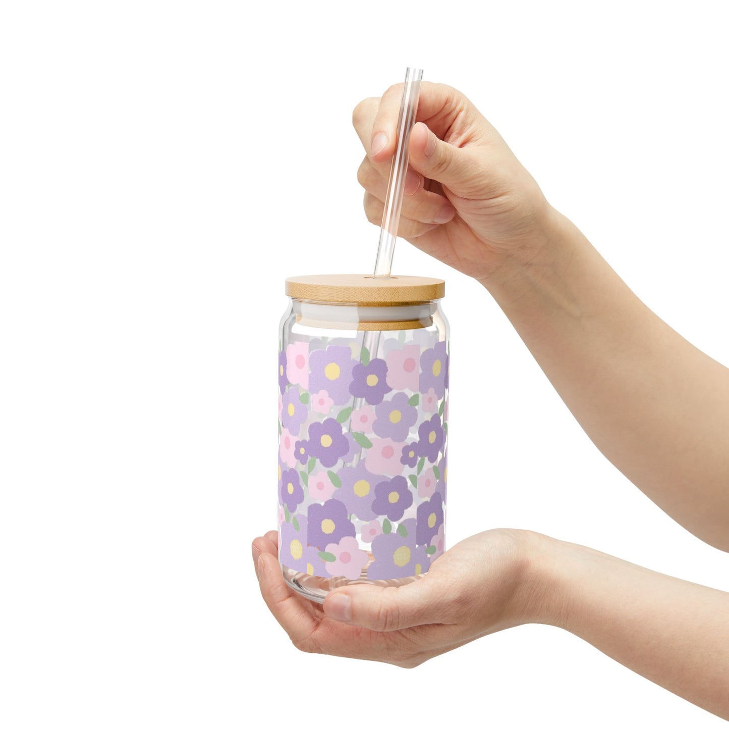 Purple And Pink Floral Sipper Glass, 16oz