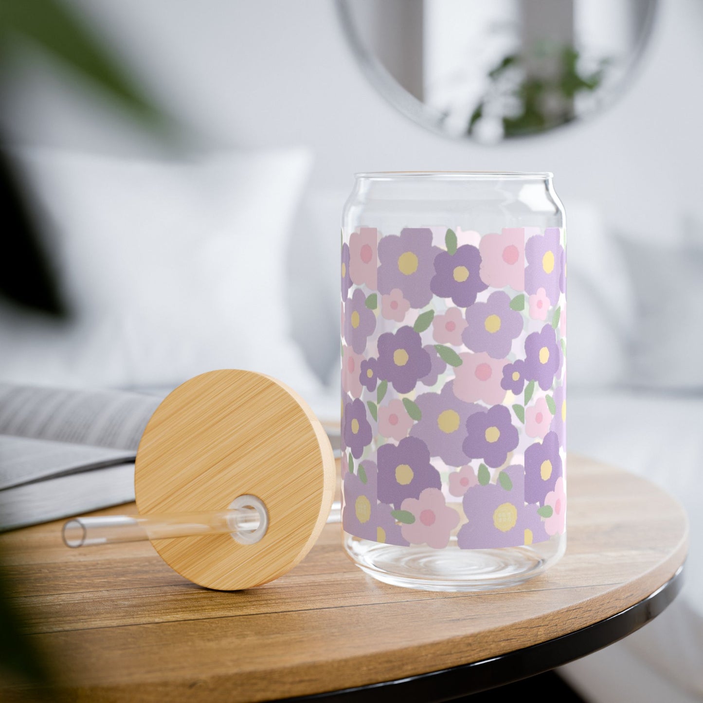 Purple And Pink Floral Sipper Glass, 16oz