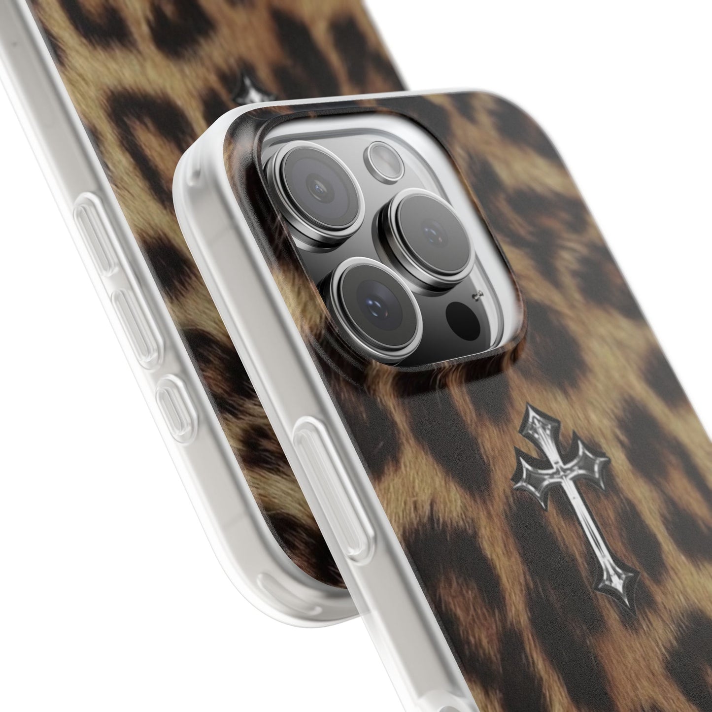 Stylish Leopard Print Flexi Cases with Cross Design, Phone Protector, Trendy Accessories, Gift for Her, Fashion Statement