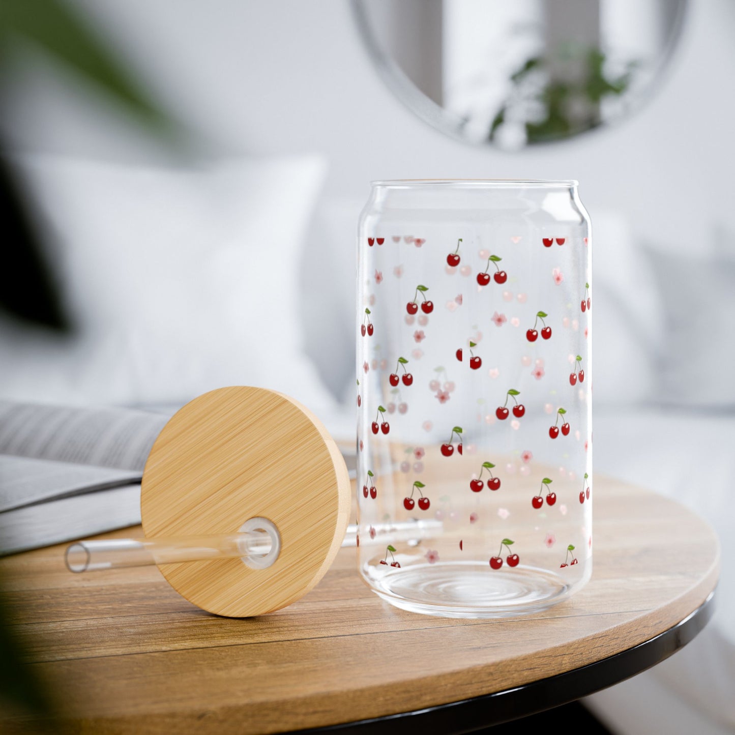 Charming Cherry Print Sipper Glass - 16oz Drinkware for Summer Gatherings, Eco-Friendly Hydration, Gift for Garden Parties, Kitchen Decor