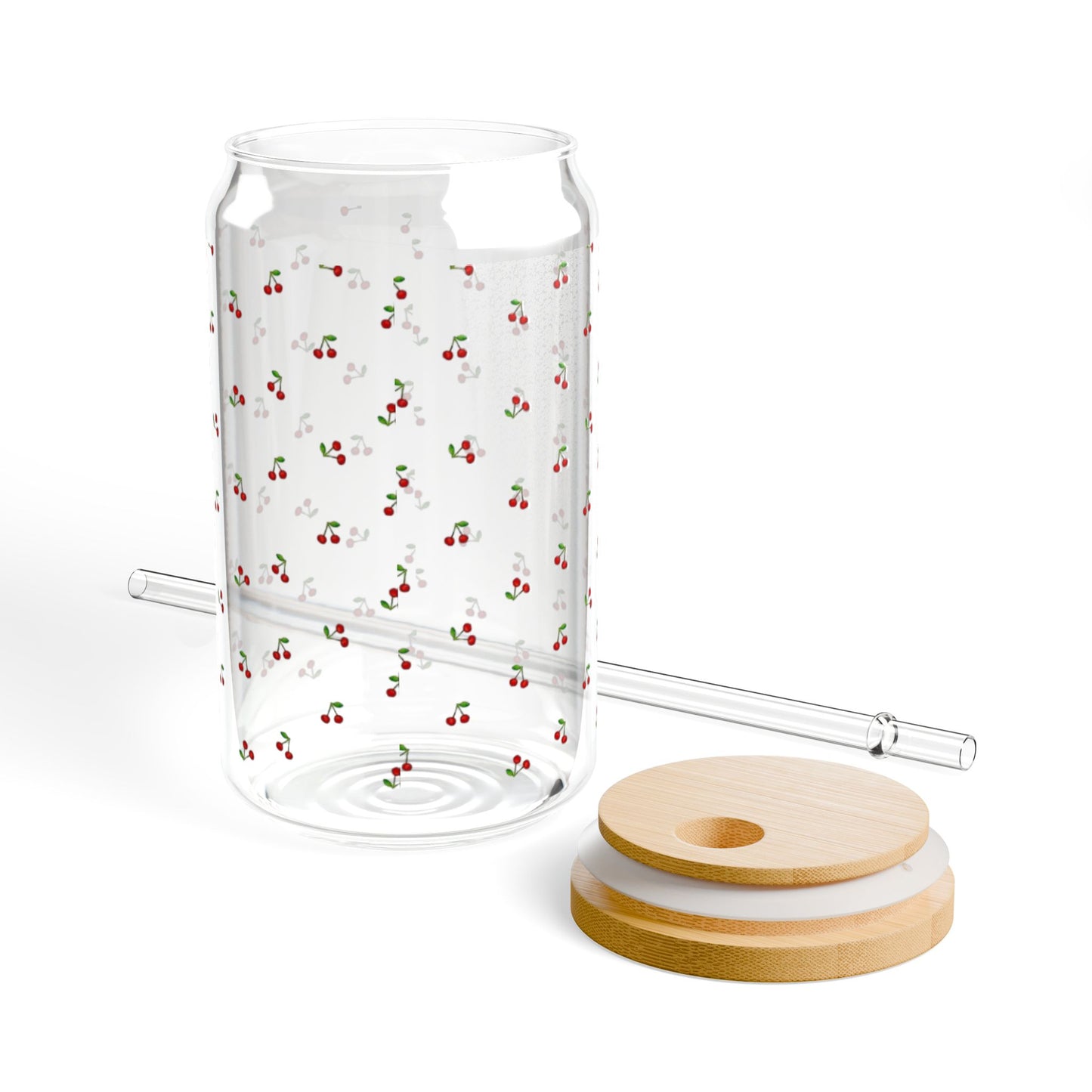 Charming Cherry Pattern Sipper Glass, 16oz Drinkware, Summer Picnic Essentials, Gift for Her, Eco-Friendly Beverage Container