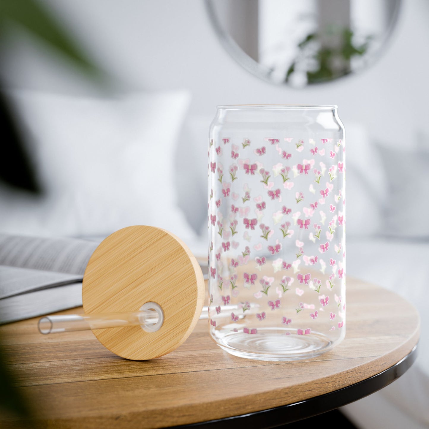 Flowers And Bows Sipper Glass, Eco-Friendly Drinkware, 16oz Beverage Jar with Straw, Cute Home Decor for Summer Parties, Ideal Gift for Friends