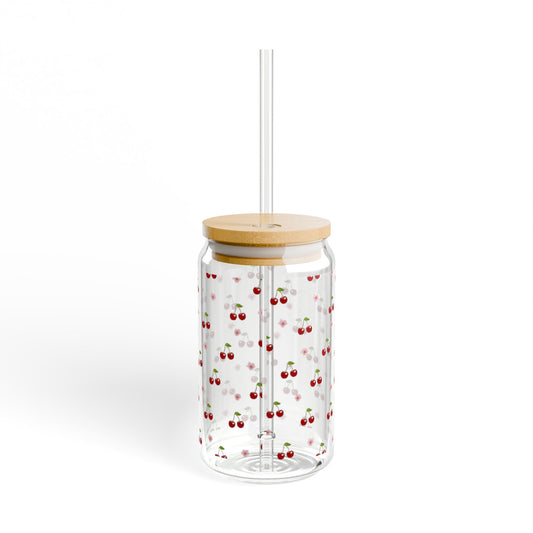 Charming Cherry Print Sipper Glass - 16oz Drinkware for Summer Gatherings, Eco-Friendly Hydration, Gift for Garden Parties, Kitchen Decor