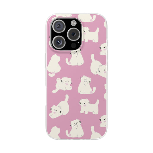 Cute Pink Cat With A Bow Flexi Phone Case, Cat Lover Gift, Cute Phone Accessories, Pet Lover Cases, Cartoon Cat Design