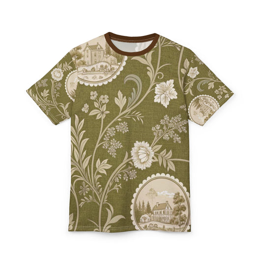 Chic Vintage Floral Tee, Unisex Graphic Shirt, AOP Nature Print Tee, Eco-Friendly Fashion, Perfect Gift for Outdoors Enthusiasts