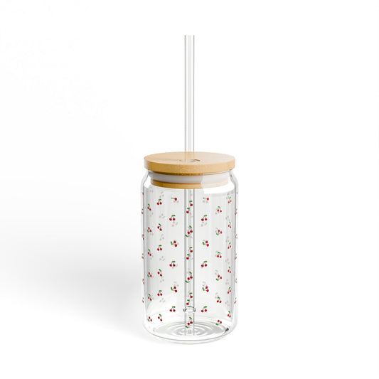 Charming Cherry Pattern Sipper Glass, 16oz Drinkware, Summer Picnic Essentials, Gift for Her, Eco-Friendly Beverage Container