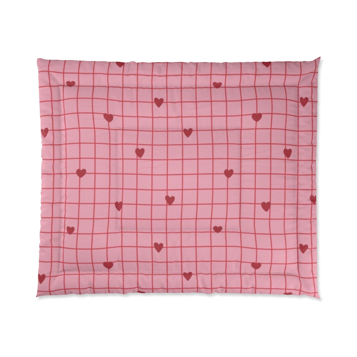 Sweetheart Checkered Comforter & Pillow Set – Pink Bliss with Tiny Red Hearts