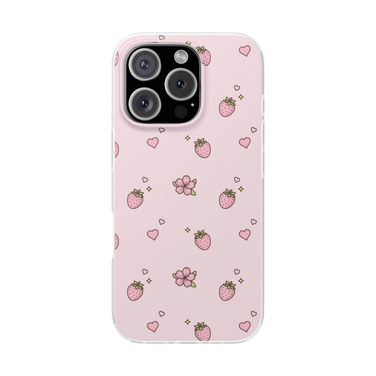 Cute Strawberry and flowers Flexi Cases, Phone Cover, Floral Design, Gift for Her, Trendy Accessory, Summer Vibes