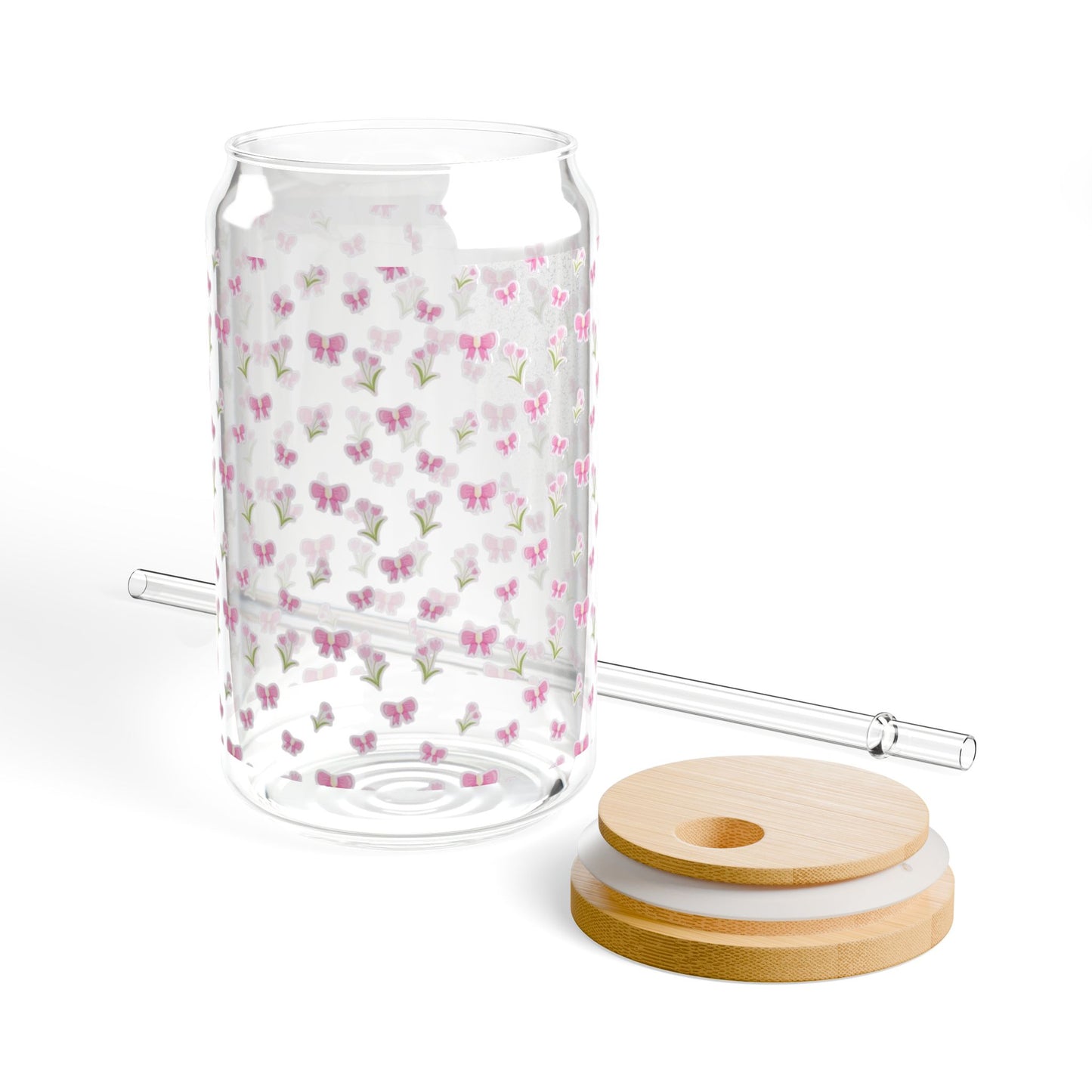 Flowers And Bows Sipper Glass, Eco-Friendly Drinkware, 16oz Beverage Jar with Straw, Cute Home Decor for Summer Parties, Ideal Gift for Friends