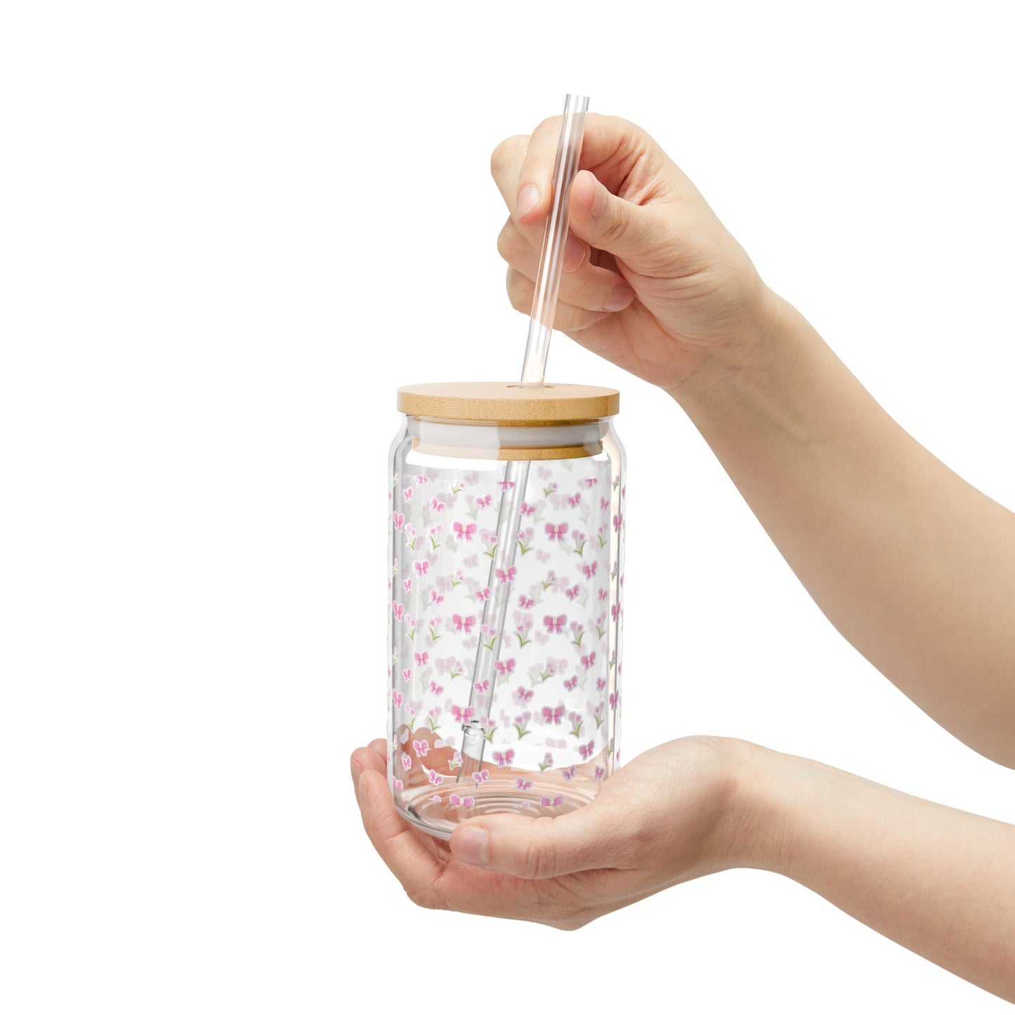 Flowers And Bows Sipper Glass, Eco-Friendly Drinkware, 16oz Beverage Jar with Straw, Cute Home Decor for Summer Parties, Ideal Gift for Friends