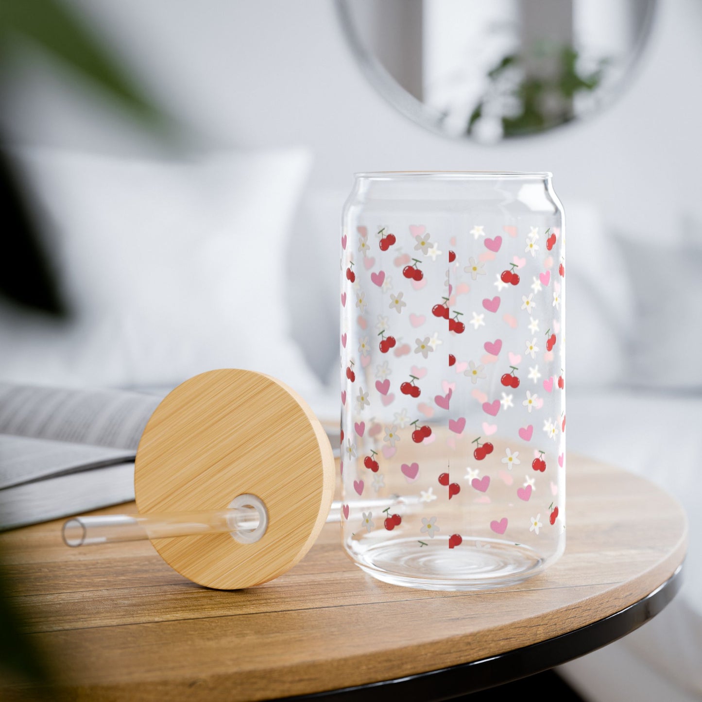 Strawberry Pattern Sipper Glass - 16oz Drinkware, Summer Vibes, Eco-Friendly, Cute Gifts, Kitchen Decor, Party Supplies