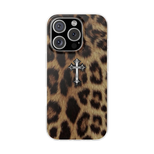 Stylish Leopard Print Flexi Cases with Cross Design, Phone Protector, Trendy Accessories, Gift for Her, Fashion Statement