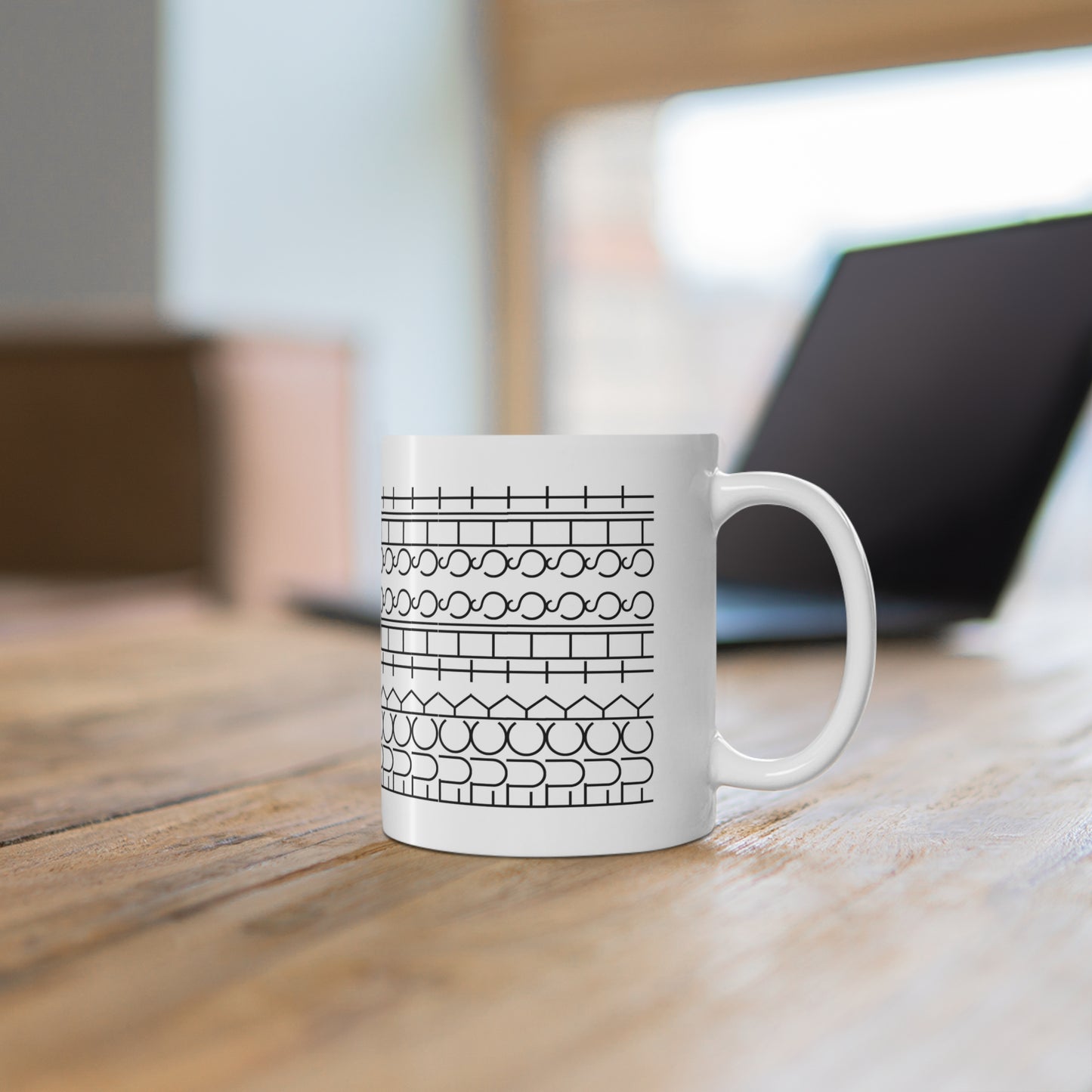 Modern Minimalist Pattern Mug - 11oz Coffee Cup, Unique Gift for Home, Office Decor, Stylish Beverage Container, Black and White Design