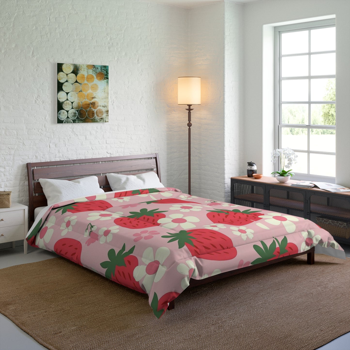 Strawberry Bloom Bedding Set – Pink Comforter with Red Strawberries & Flowers