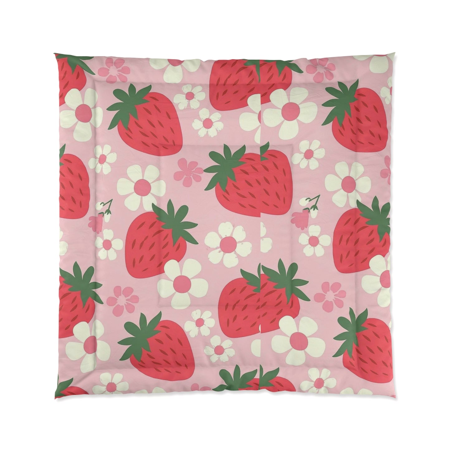 Strawberry Bloom Bedding Set – Pink Comforter with Red Strawberries & Flowers