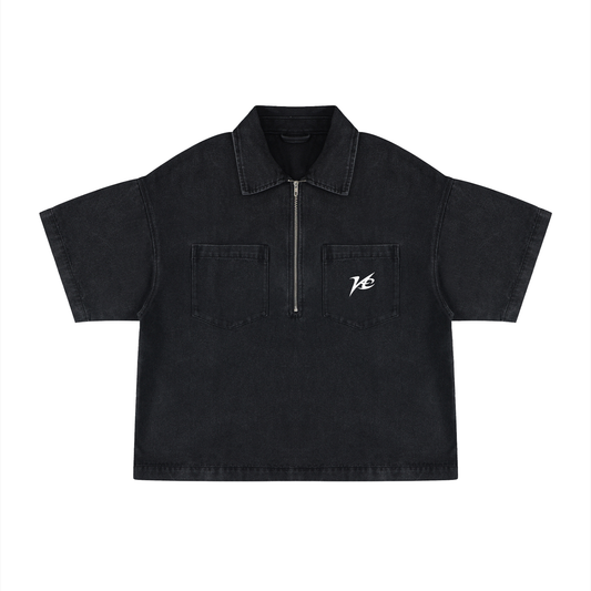 Unisex Vintage Wash Boxy Quarter-Zip Denim Shirt